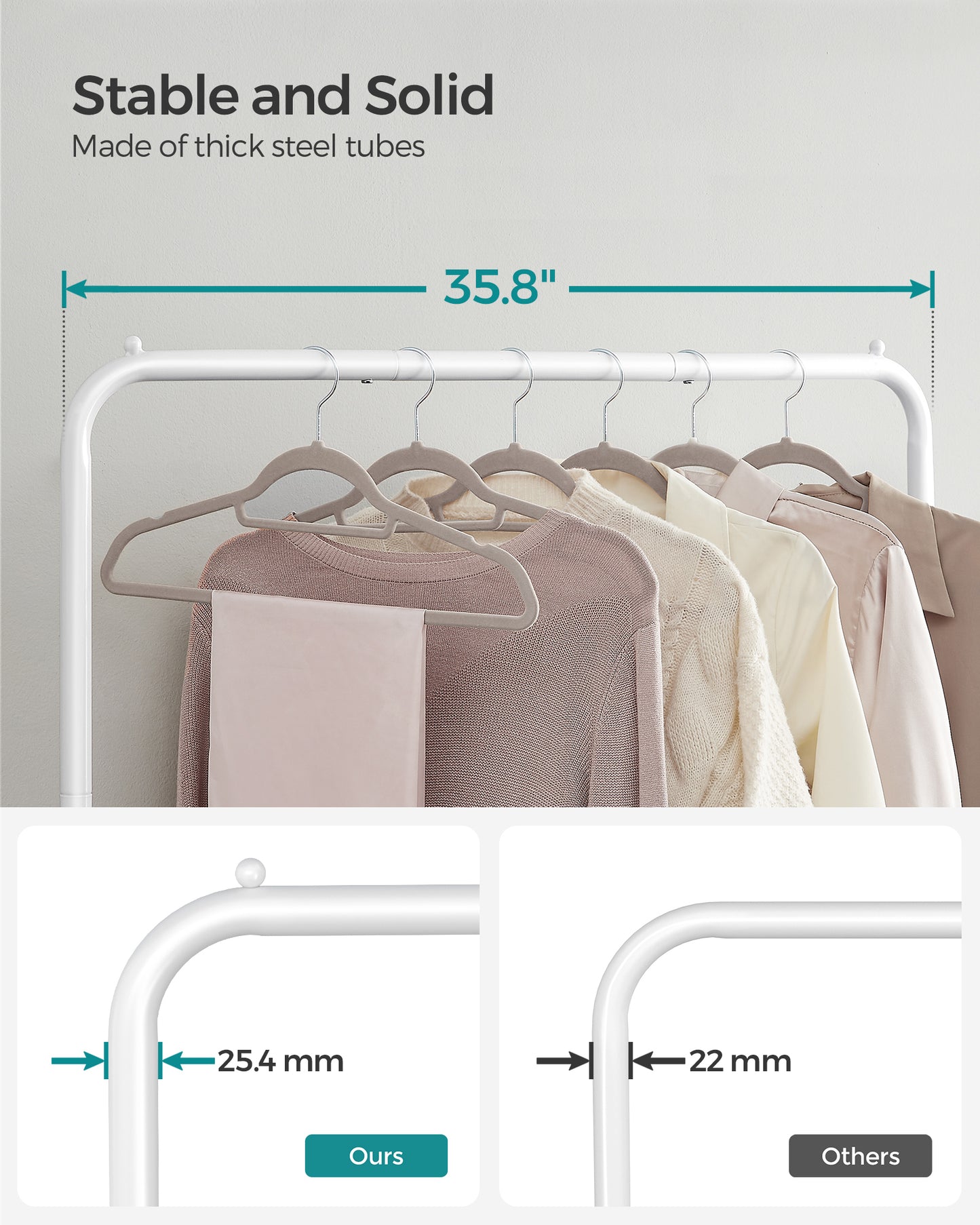 SONGMICS 110 lb Load Capacity Clothes Rack with Wheels Garment Rack with Storage Shelf Clothing Rack for Bedroom 2 Brakes Steel Frame White