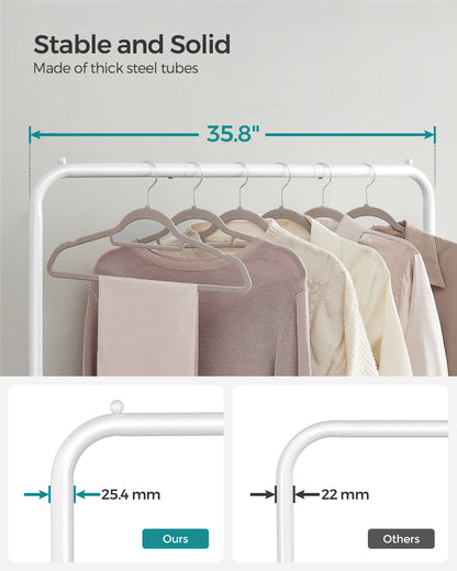 SONGMICS 110 lb Load Capacity Clothes Rack with Wheels Garment Rack with Storage Shelf Clothing Rack for Bedroom 2 Brakes Steel Frame White