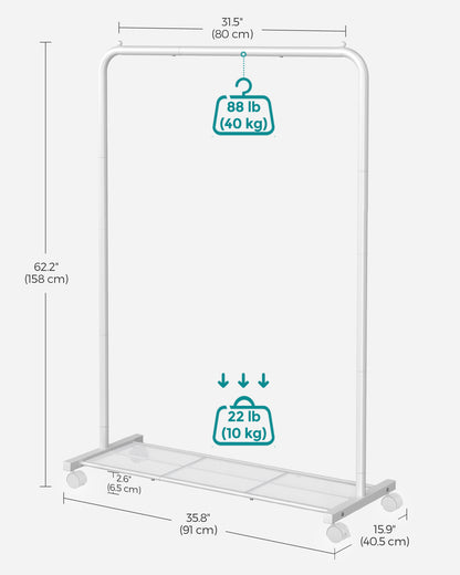 Heavy-Duty Clothes Rack with Dense Mesh Storage Shelf, 25.4mm Metal Garment Rack with Wheels and 2 Brakes, 110 lb Load Capacity Clothes Rack