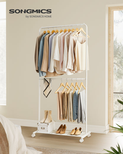 Double-Rod Freestanding Clothes Rack with Wheels Garment Rack with Dense Mesh Storage Shelf 110 lb Load Capacity for Hanging Clothes White