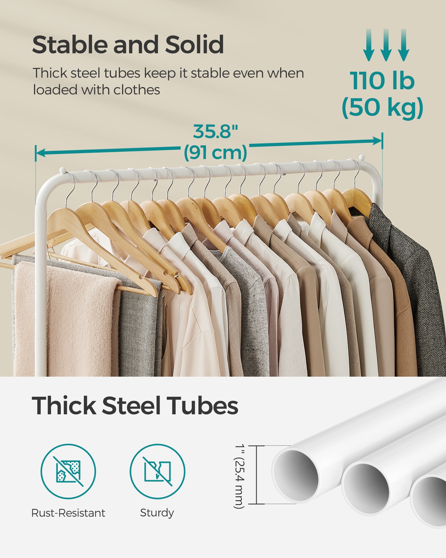 Double-Rod Freestanding Clothes Rack with Wheels Garment Rack with Dense Mesh Storage Shelf 110 lb Load Capacity for Hanging Clothes White