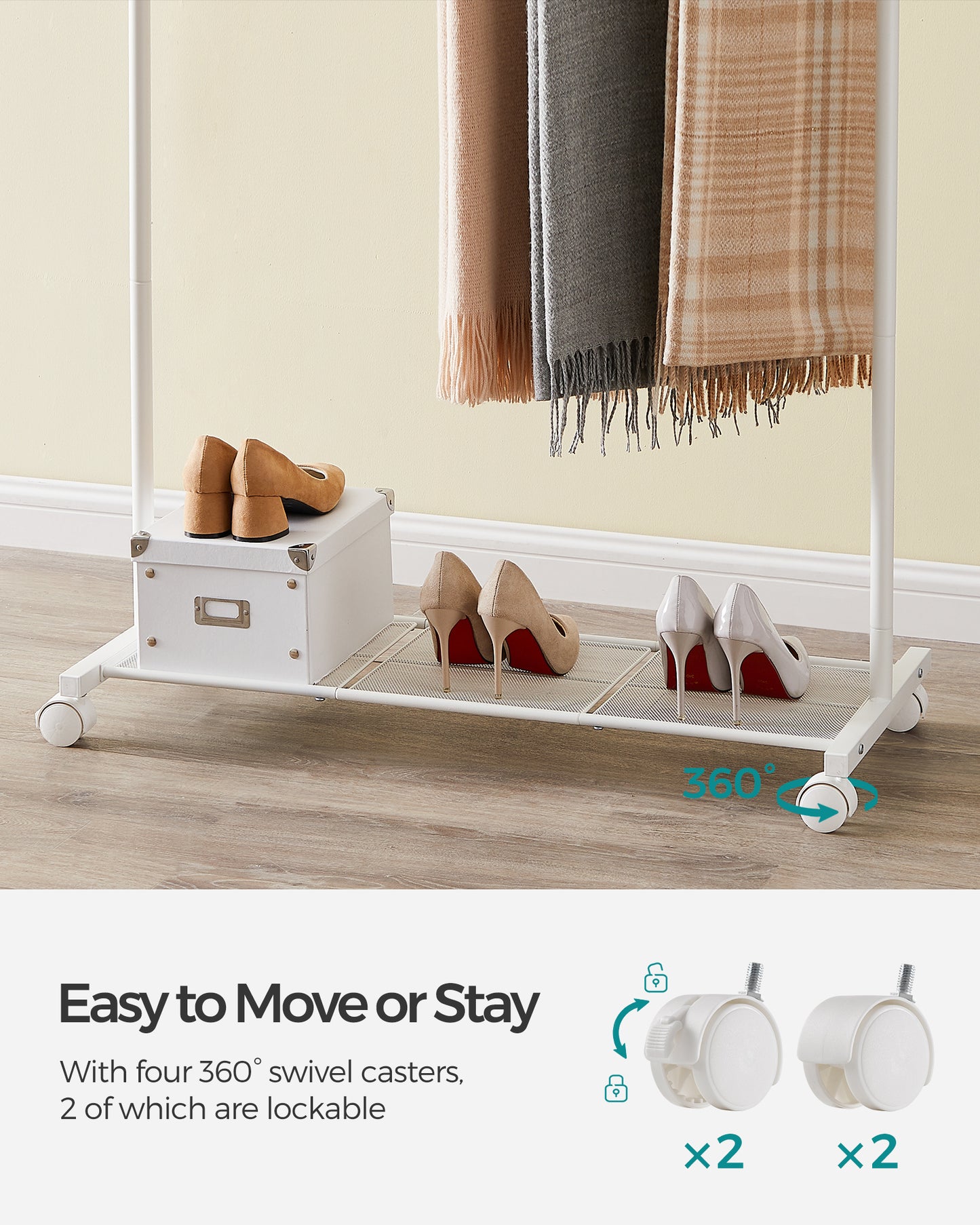 Double-Rod Clothes Rack 40.7 Inches Wide Clothing Rack for Hanging Clothes with Wheels, Garment Rack 220 lb Max. Total Load White