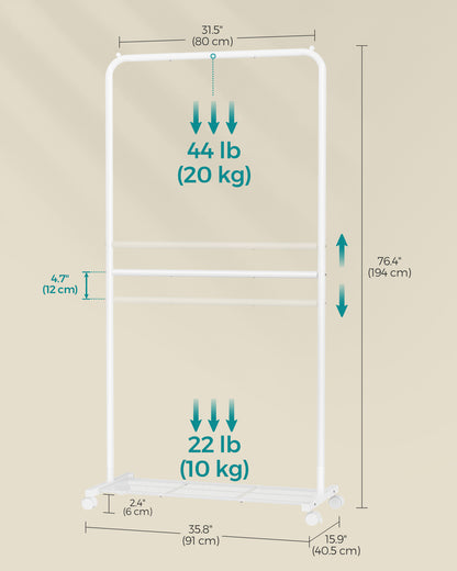 Double-Rod Freestanding Clothes Rack with Wheels Garment Rack with Dense Mesh Storage Shelf 110 lb Load Capacity for Hanging Clothes White