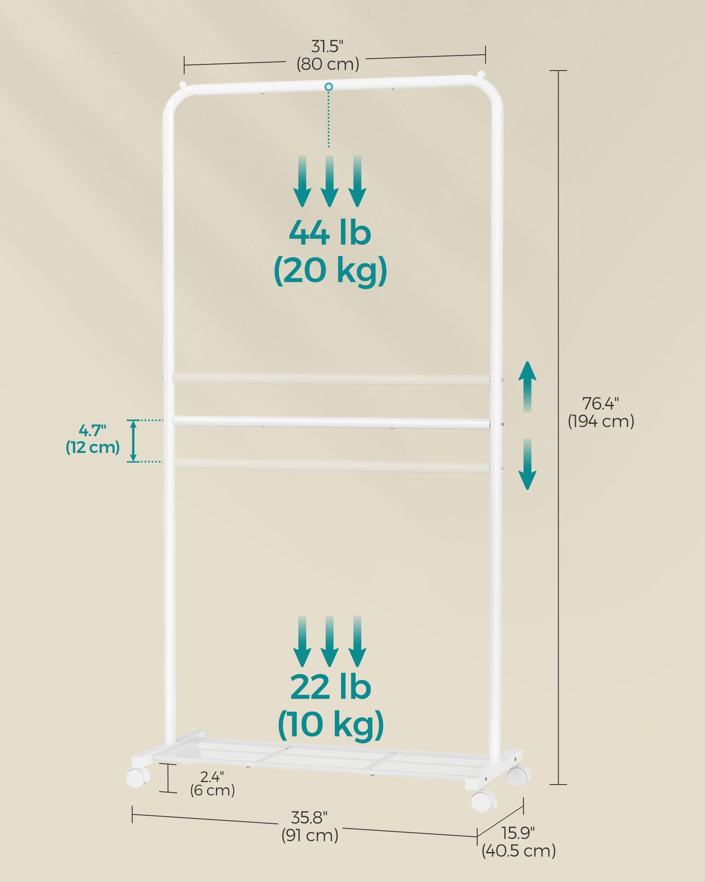 Double-Rod Clothes Rack 40.7 Inches Wide Clothing Rack for Hanging Clothes with Wheels, Garment Rack 220 lb Max. Total Load White