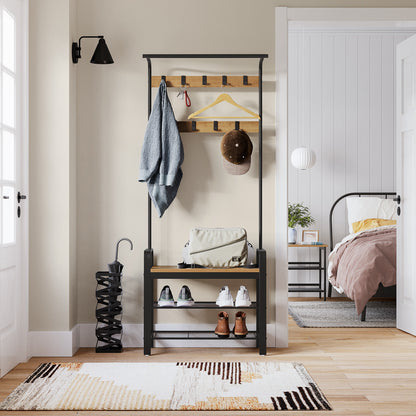 VASAGLE 4-in-1 Coat Rack Hall Tree, a Hanging Rod for Entryway Entryway Bench with Coat Rack Honey Brown and Black