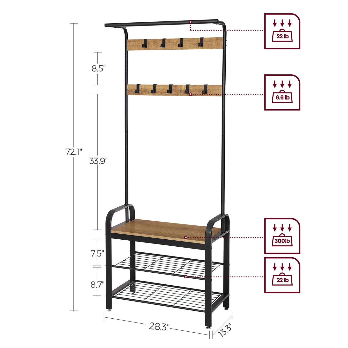 VASAGLE 4-in-1 Coat Rack Hall Tree, a Hanging Rod for Entryway Entryway Bench with Coat Rack Honey Brown and Black