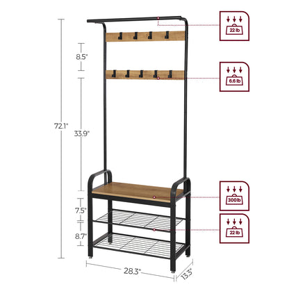 VASAGLE 4-in-1 Coat Rack Hall Tree, a Hanging Rod for Entryway Entryway Bench with Coat Rack Honey Brown and Black