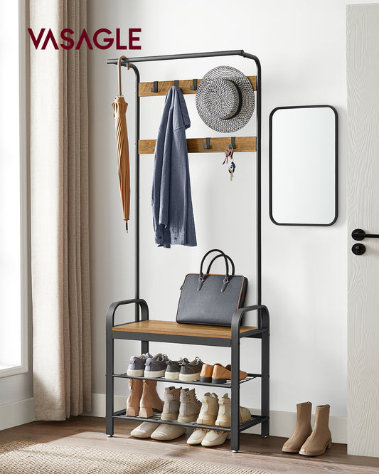 Coat Rack, Hall Tree with Shoe Bench for Entryway, Entryway Bench with Coat Rack, 4-in-1, with 9 Removable Hooks, a Hanging Rod, 13.3 x 28.3 x 72.1 Inches, Rustic Walnut and Black