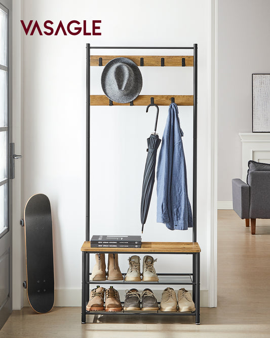 Coat Rack, Hall Tree with Shoe Storage Bench, Entryway Bench with Shoe Storage, 3-in-1, Steel Frame, for Entryway, 12.6 x 27.6 x 68.9 Inches, Industrial, Rustic Walnut and Black