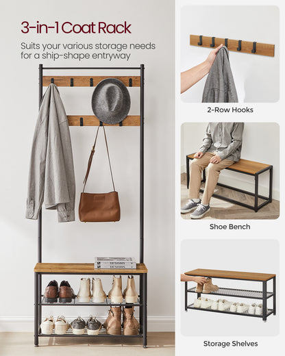 VASAGLE Hall Tree Entryway Coat Rack with Shoe Bench Rustic Walnut and Black
