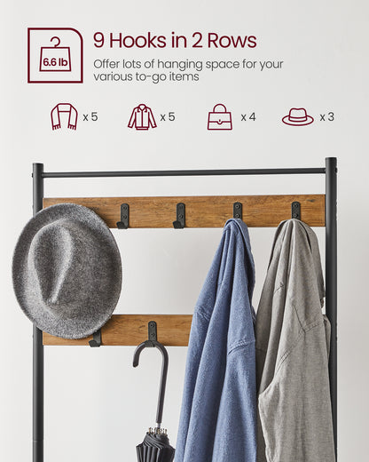 VASAGLE Hall Tree Entryway Coat Rack with Shoe Bench Rustic Walnut and Black