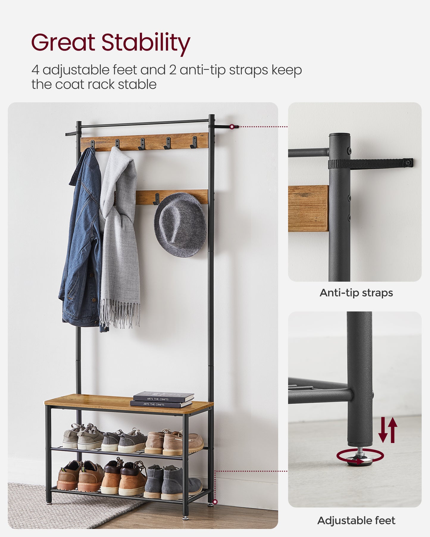 Coat Rack, Hall Tree with Shoe Storage Bench, Entryway Bench with Shoe Storage, 3-in-1, Steel Frame, for Entryway, 12.6 x 27.6 x 68.9 Inches, Industrial, Rustic Walnut and Black