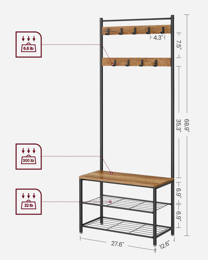VASAGLE Hall Tree Entryway Coat Rack with Shoe Bench Rustic Walnut and Black