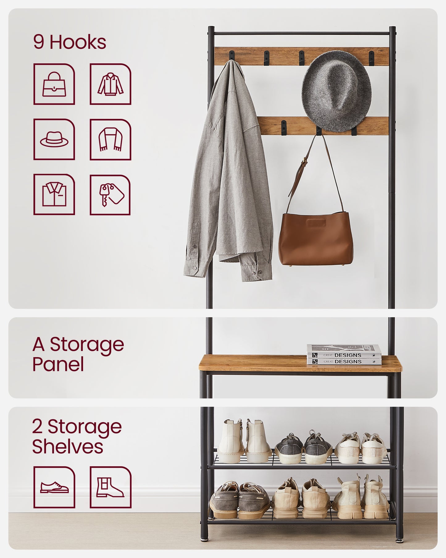 Coat Rack, Hall Tree with Shoe Storage Bench, Entryway Bench with Shoe Storage, 3-in-1, Steel Frame, for Entryway, 12.6 x 27.6 x 68.9 Inches, Industrial, Rustic Walnut and Black