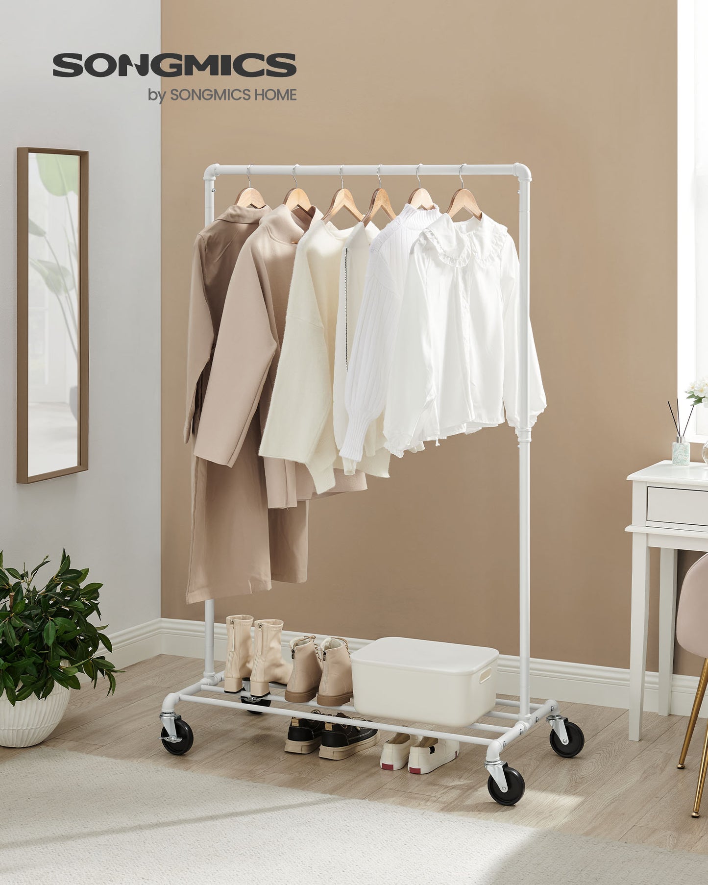 SONGMICS Heavy-Duty Clothes Rack, Clothing Rack for Hanging Clothes, Industrial Garment Rack on Wheels, Metal Frame, Commercial Display, White