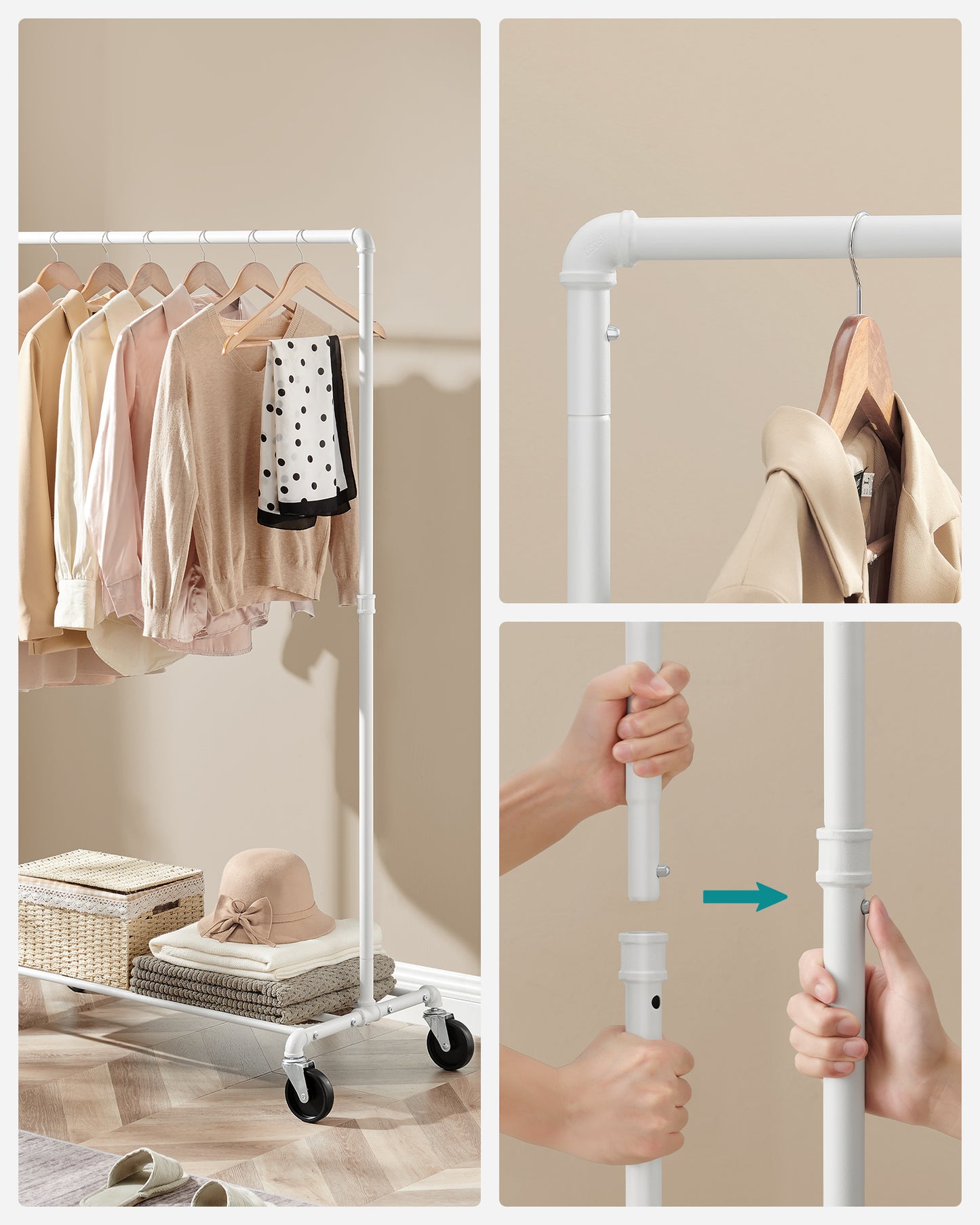 SONGMICS Heavy-Duty Clothes Rack, Clothing Rack for Hanging Clothes, Industrial Garment Rack on Wheels, Metal Frame, Commercial Display, White
