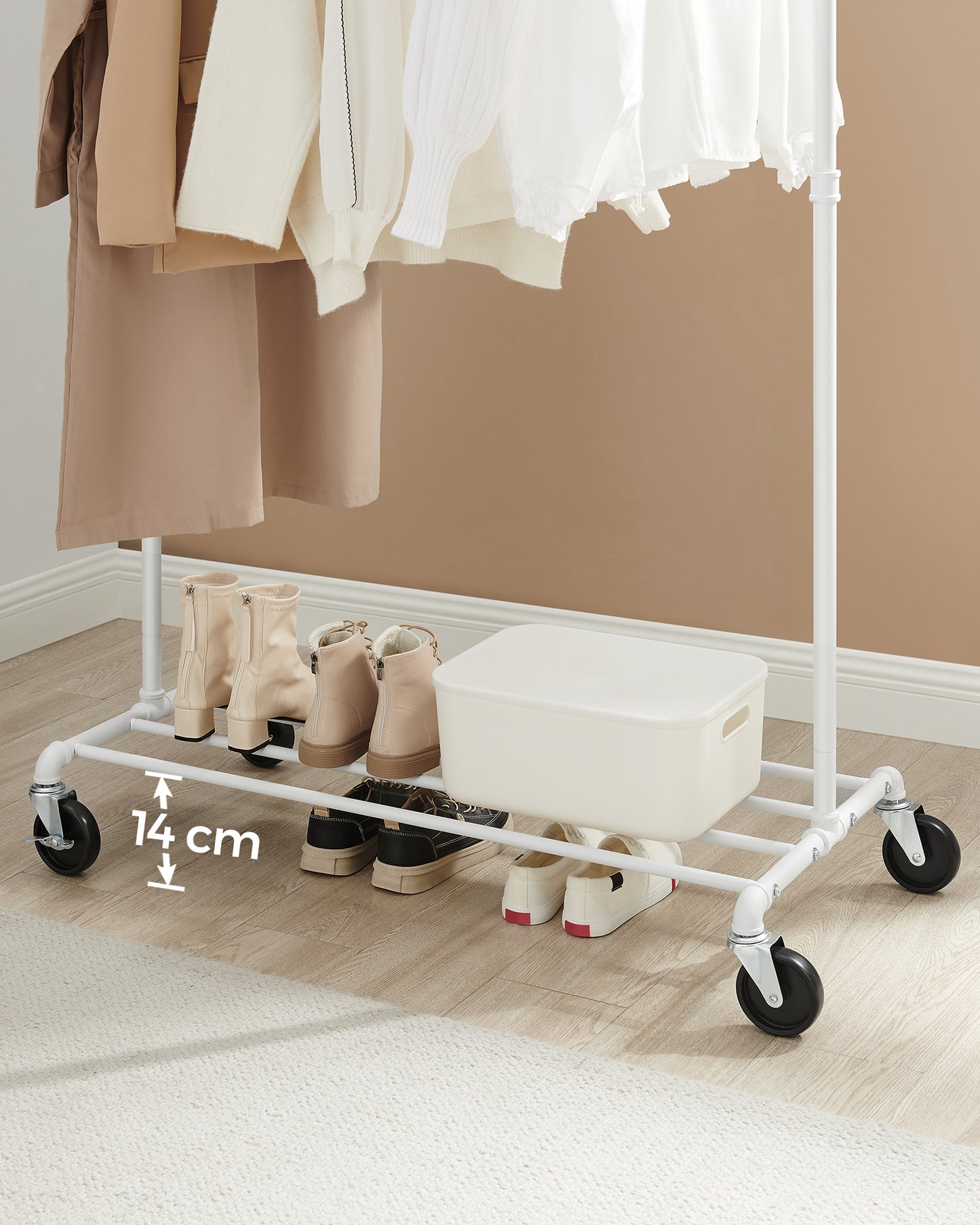 SONGMICS Heavy-Duty Clothes Rack, Clothing Rack for Hanging Clothes, Industrial Garment Rack on Wheels, Metal Frame, Commercial Display, White