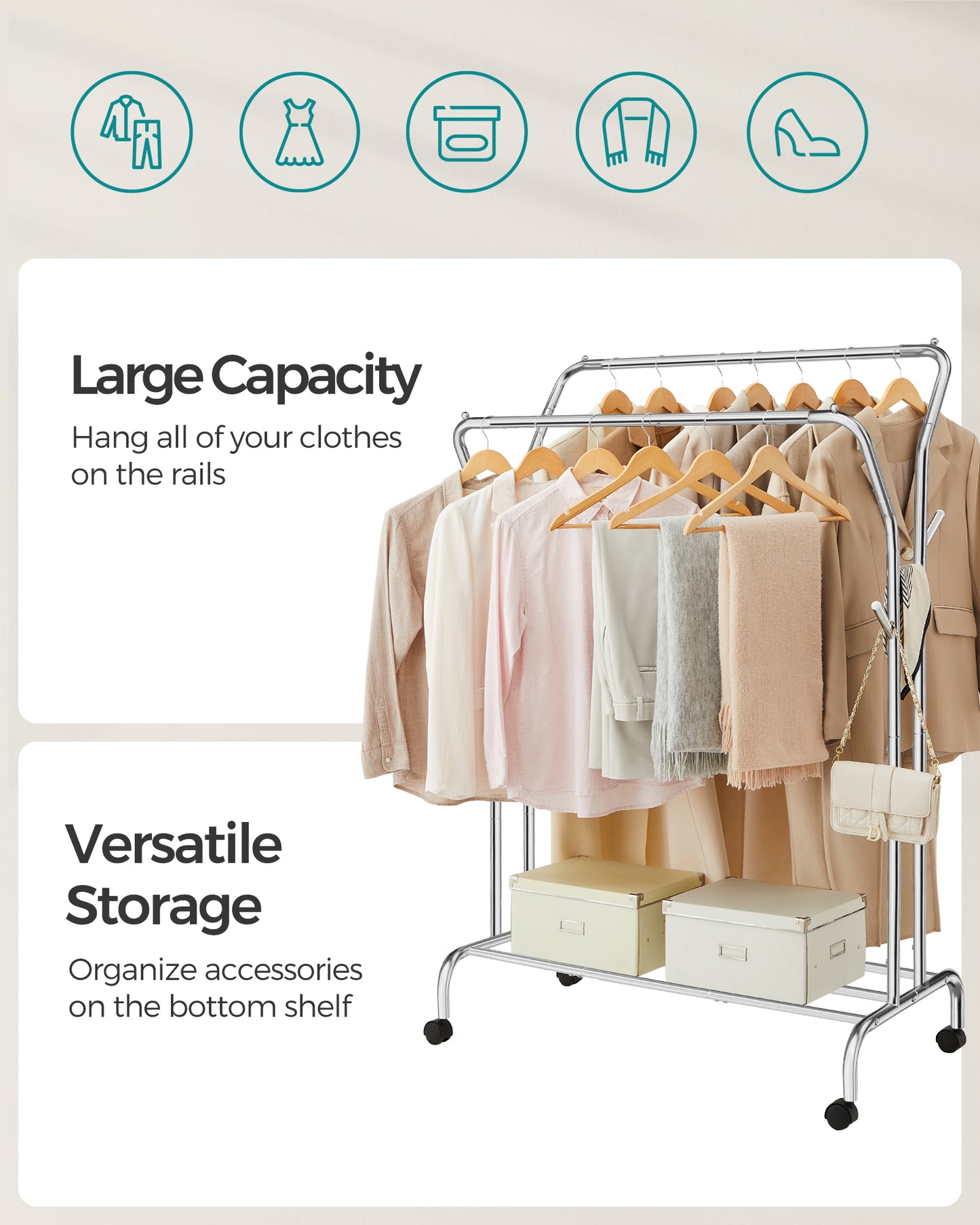 SONGMICS Double-Rod Clothes Rack Garment Rack with Wheels Heavy-Duty Metal Frame 220 lb Max Load Clothes Storage and Display Silverv