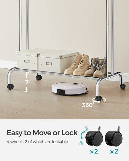 SONGMICS Double-Rod Clothes Rack Garment Rack with Wheels Heavy-Duty Metal Frame 220 lb Max Load Clothes Storage and Display Silverv