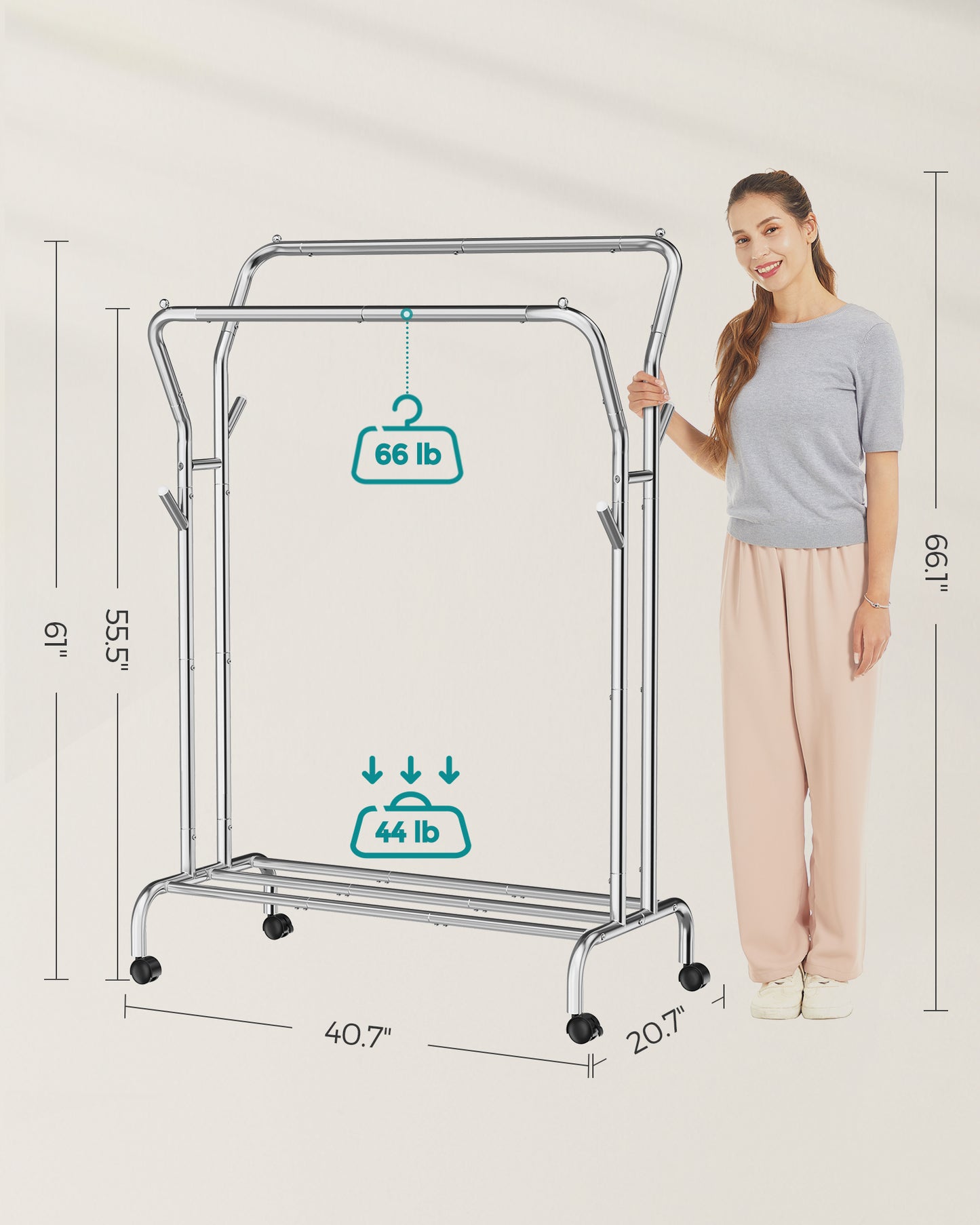 SONGMICS Double-Rod Clothes Rack Garment Rack with Wheels Heavy-Duty Metal Frame 220 lb Max Load Clothes Storage and Display Silverv