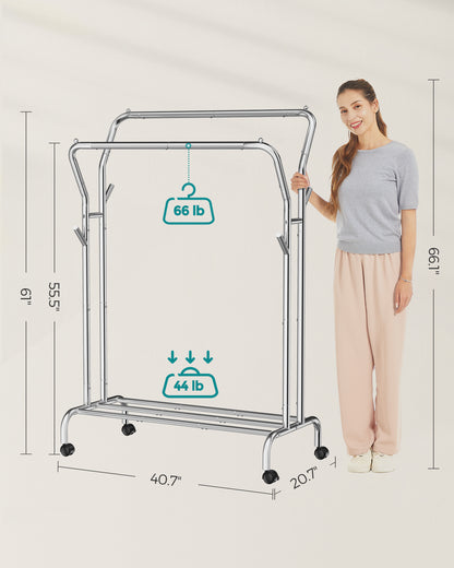 SONGMICS Double-Rod Clothes Rack Garment Rack with Wheels Heavy-Duty Metal Frame 220 lb Max Load Clothes Storage and Display Silverv