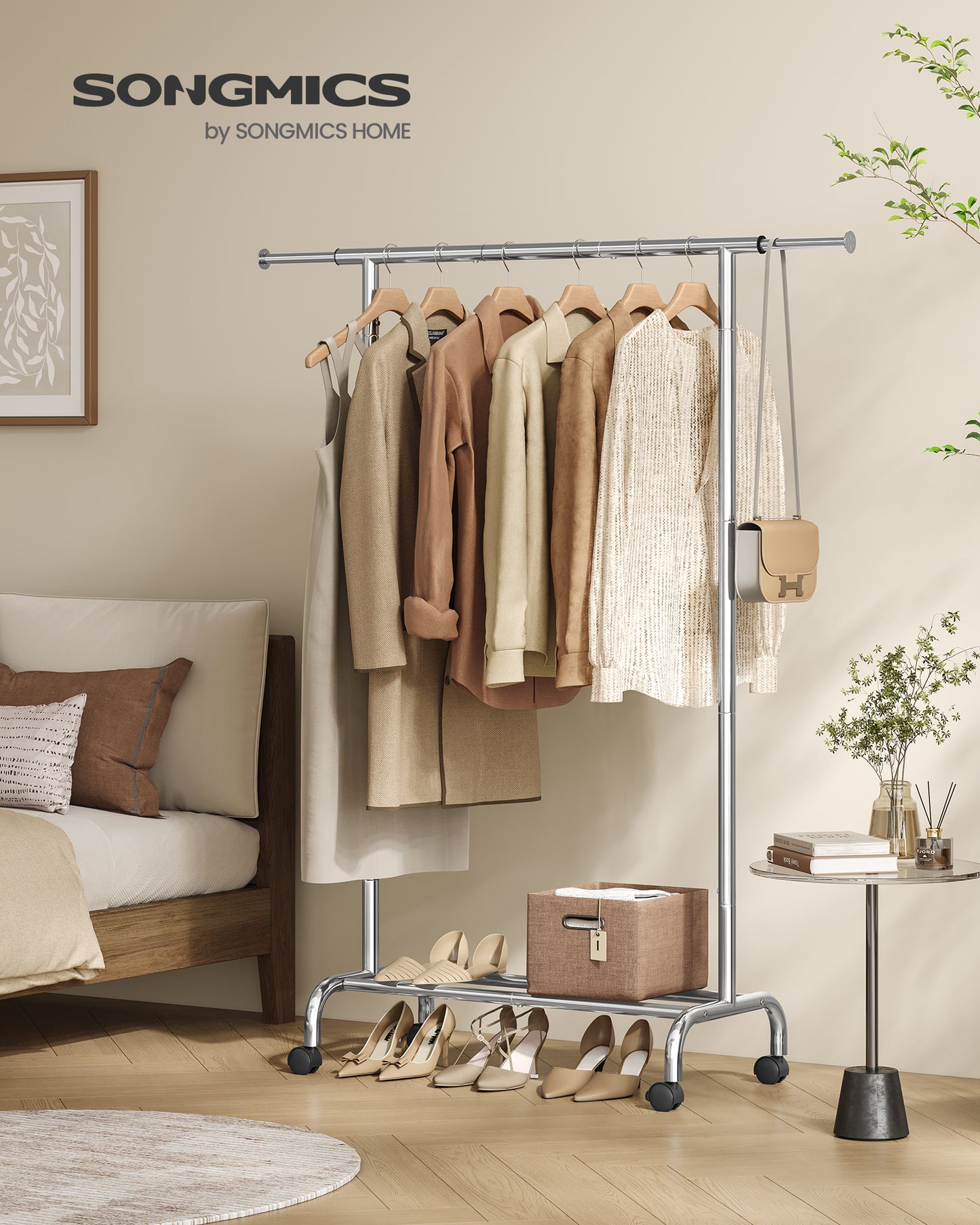 SONGMICS Clothes Rack, Clothing Rack with Extendable Hanging Rail and Wheels, Garment Rack, 99 lb Total Max. Load Silver