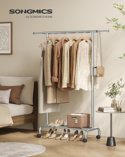 SONGMICS Clothes Rack, Clothing Rack with Extendable Hanging Rail and Wheels, Garment Rack, 99 lb Total Max. Load Silver