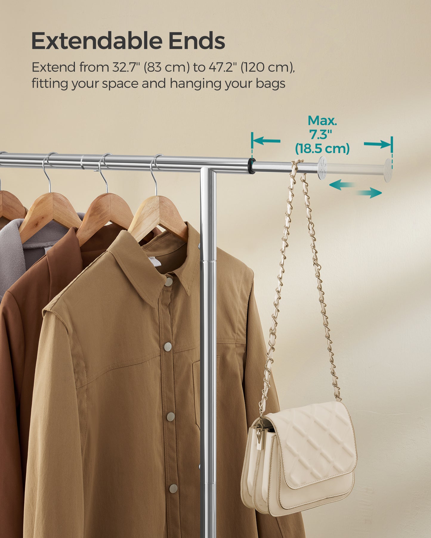 SONGMICS Clothes Rack, Clothing Rack with Extendable Hanging Rail and Wheels, Garment Rack, 99 lb Total Max. Load Silver