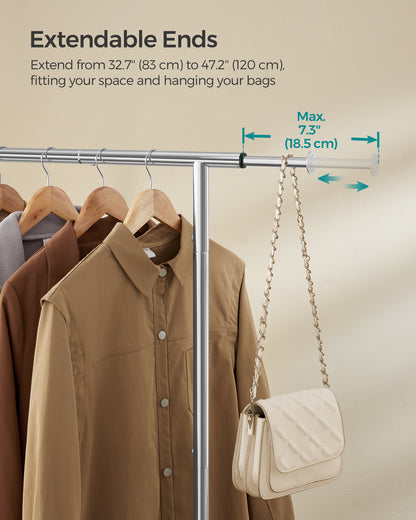 SONGMICS Clothes Rack, Clothing Rack with Extendable Hanging Rail and Wheels, Garment Rack, 99 lb Total Max. Load Silver