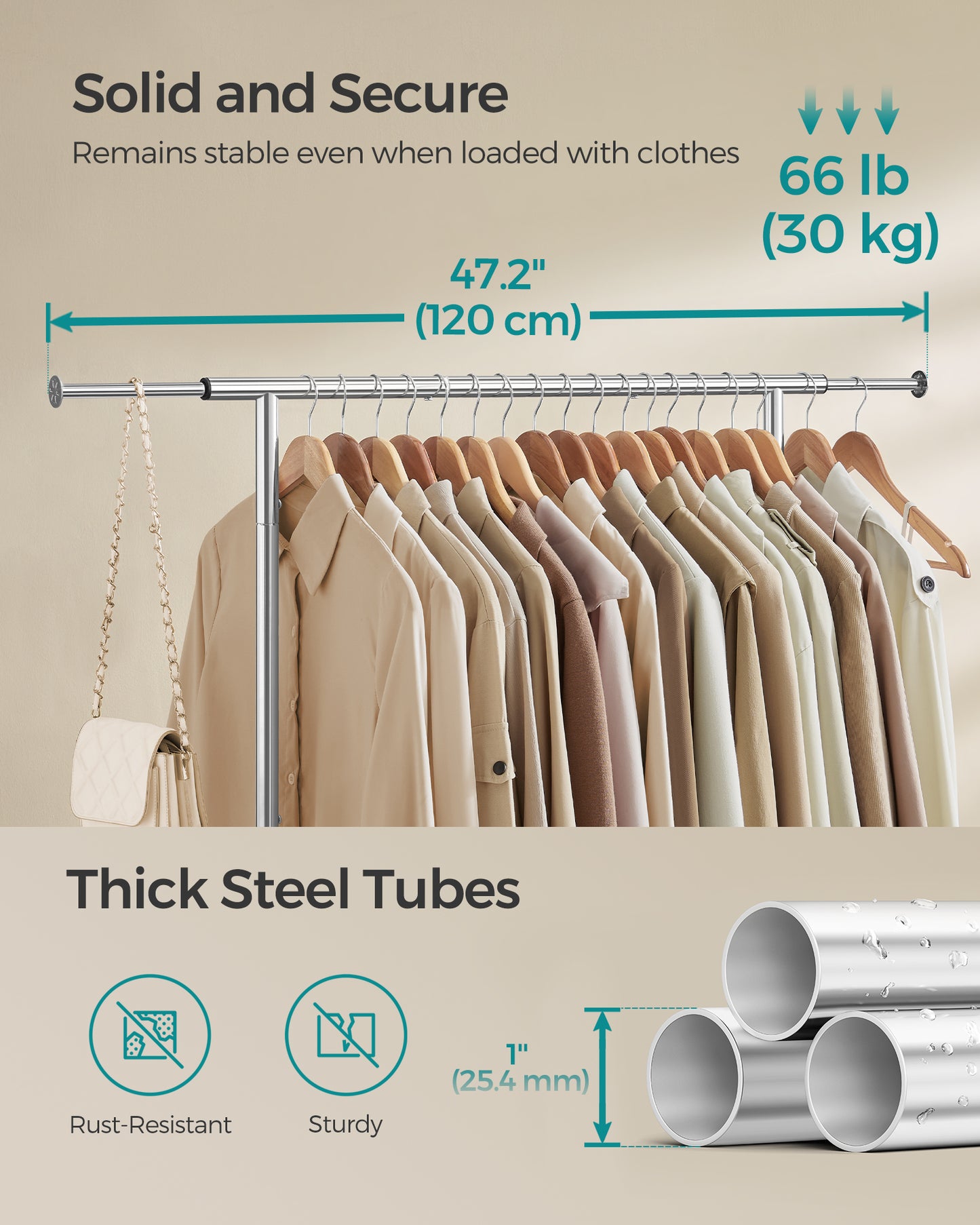 SONGMICS Clothes Rack, Clothing Rack with Extendable Hanging Rail and Wheels, Garment Rack, 99 lb Total Max. Load Silver