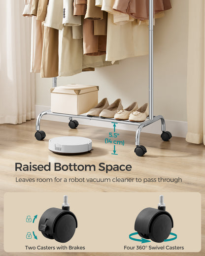 SONGMICS Clothes Rack, Clothing Rack with Extendable Hanging Rail and Wheels, Garment Rack, 99 lb Total Max. Load Silver
