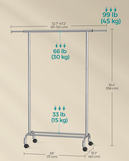 SONGMICS Clothes Rack, Clothing Rack with Extendable Hanging Rail and Wheels, Garment Rack, 99 lb Total Max. Load Silver