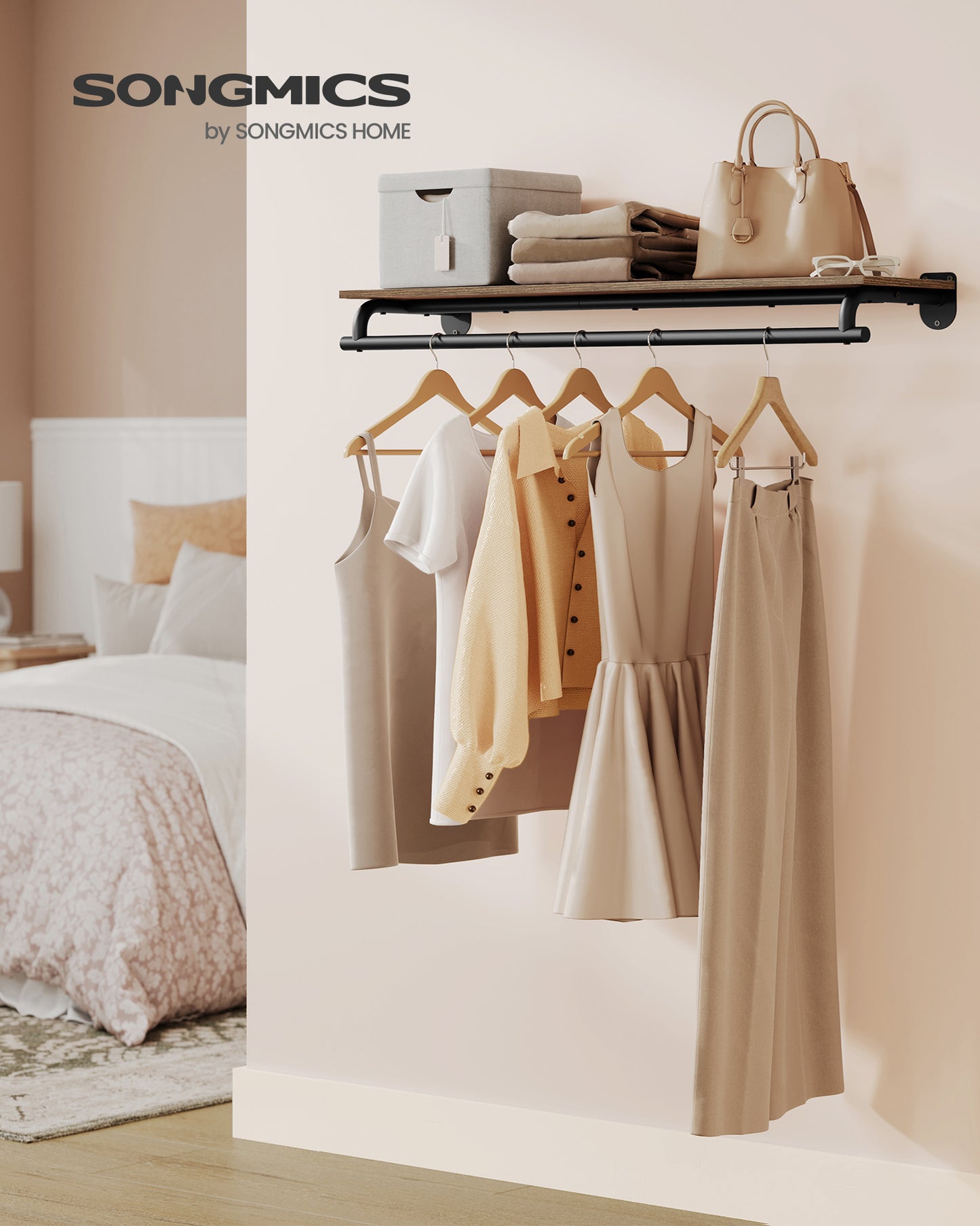 SONGMICS Clothes Rack with Top Shelf, Wall Mounted Clothing Rack, with Hanging Rod, Loads up to 132 lb, Rustic Brown and Ink Blac
