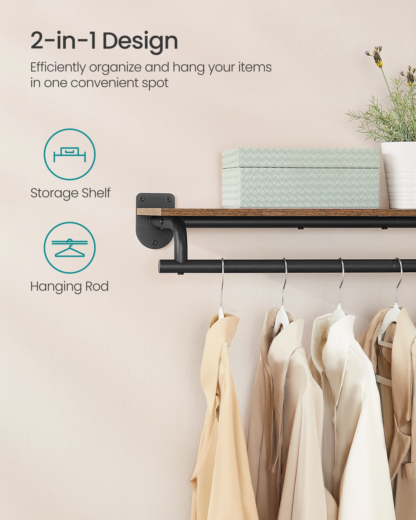 SONGMICS Clothes Rack with Top Shelf, Wall Mounted Clothing Rack, with Hanging Rod, Loads up to 132 lb, Rustic Brown and Ink Blac