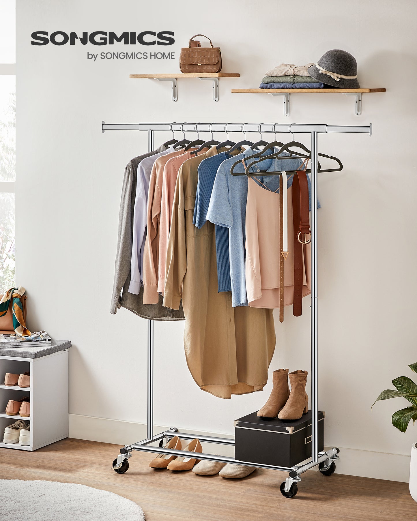 SONGMICS Clothes Rack on Wheels, for Living Room, Bedroom, Silver