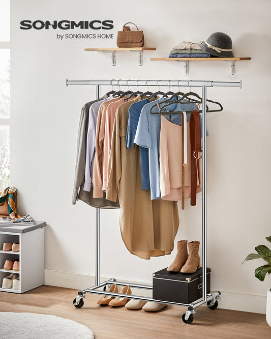 SONGMICS Clothes Rack on Wheels, for Living Room, Bedroom, Silver