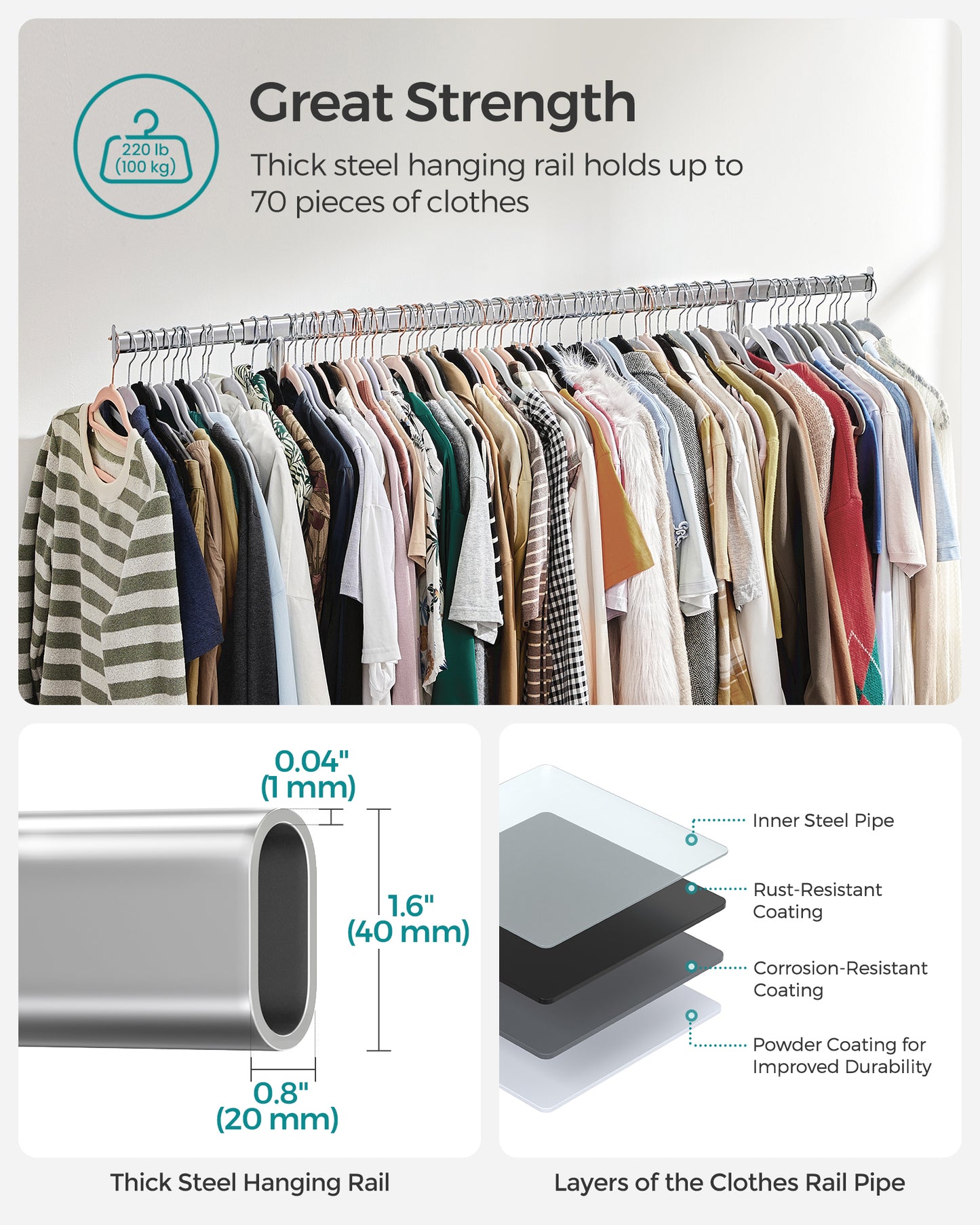 SONGMICS Heavy Duty Clothes Rack, Clothing Rack for Hanging Clothes, Portable Garment Rack with Wheels and Extendable Hanging Rod, Silver