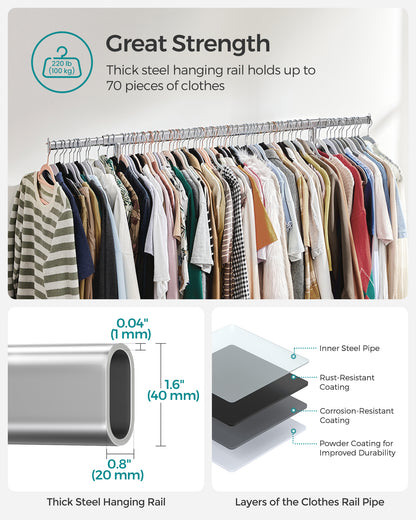 SONGMICS Heavy Duty Clothes Rack, Clothing Rack for Hanging Clothes, Portable Garment Rack with Wheels and Extendable Hanging Rod, Silver