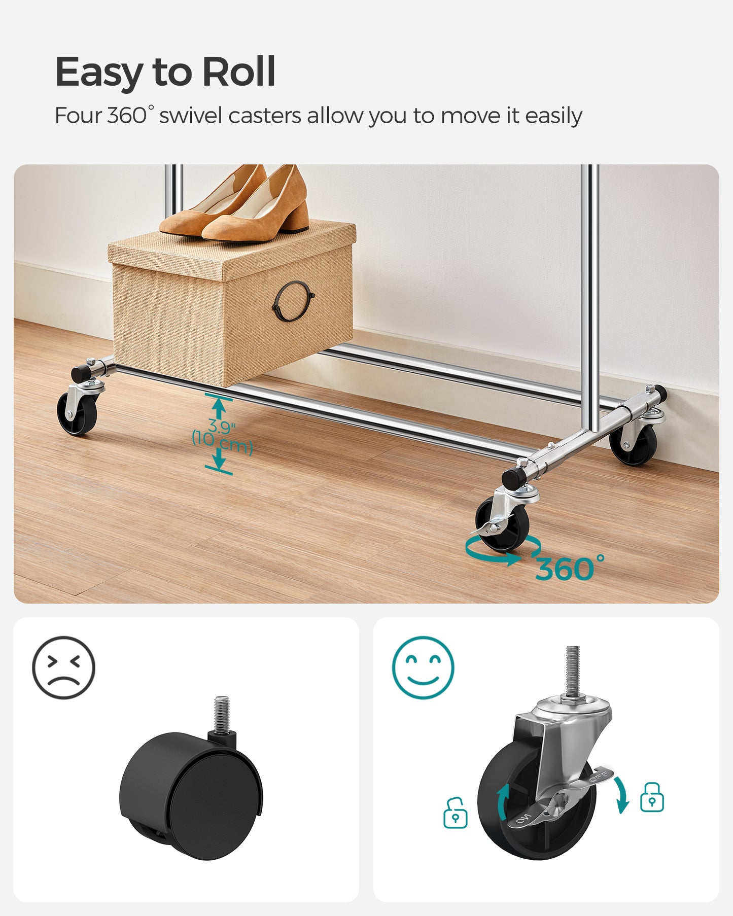 SONGMICS Heavy Duty Clothes Rack, Clothing Rack for Hanging Clothes, Portable Garment Rack with Wheels and Extendable Hanging Rod, Silver