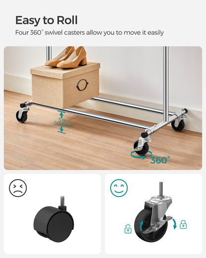 SONGMICS Heavy Duty Clothes Rack, Clothing Rack for Hanging Clothes, Portable Garment Rack with Wheels and Extendable Hanging Rod, Silver