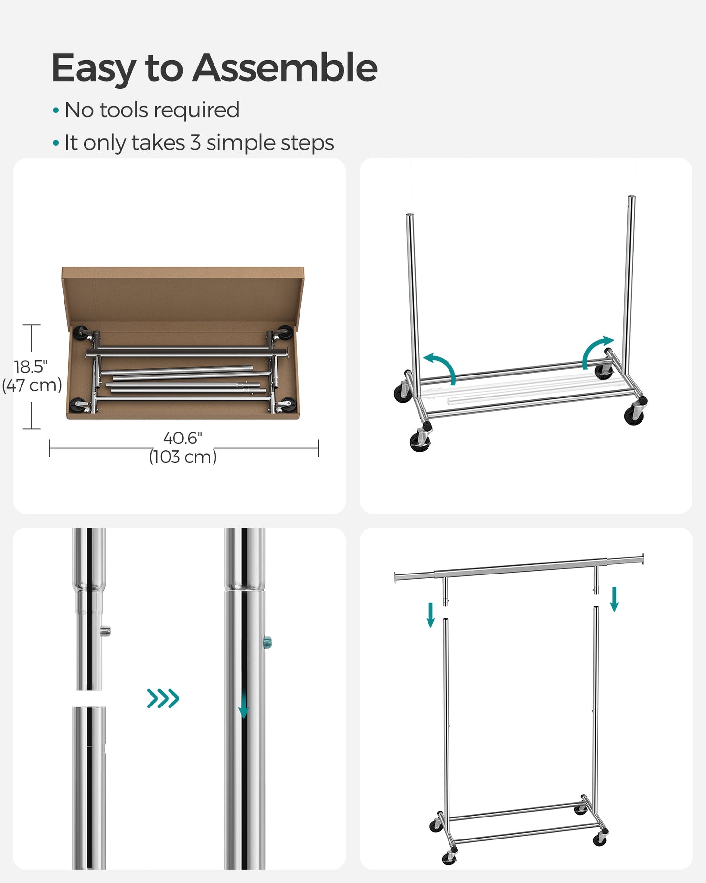 SONGMICS Heavy Duty Clothes Rack, Clothing Rack for Hanging Clothes, Portable Garment Rack with Wheels and Extendable Hanging Rod, Silver