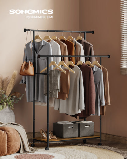 Garment Rack on Wheels, 38.8 Inch Double-Rod Rack for Clothes Hanging, with Shelf in Rustic Brown and Ink Black