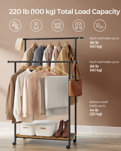 Garment Rack on Wheels, 38.8 Inch Double-Rod Rack for Clothes Hanging, with Shelf in Rustic Brown and Ink Black