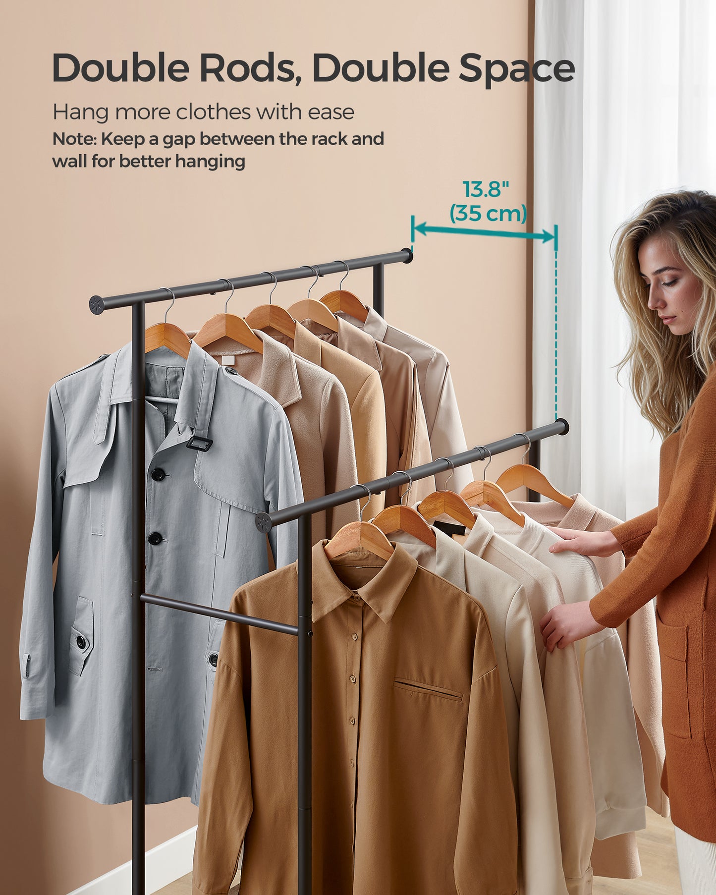 Garment Rack on Wheels, 38.8 Inch Double-Rod Rack for Clothes Hanging, with Shelf in Rustic Brown and Ink Black