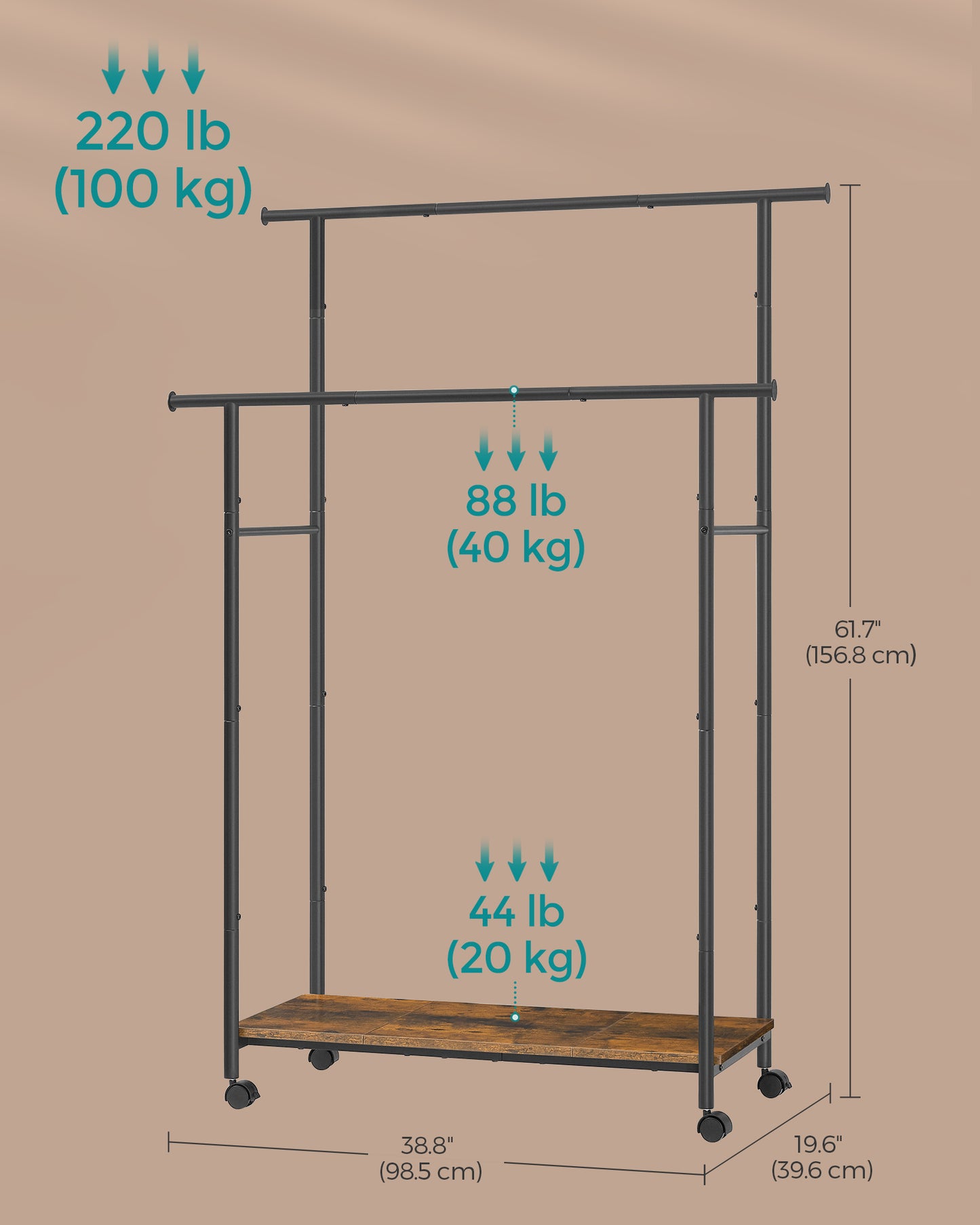 Garment Rack on Wheels, 38.8 Inch Double-Rod Rack for Clothes Hanging, with Shelf in Rustic Brown and Ink Black