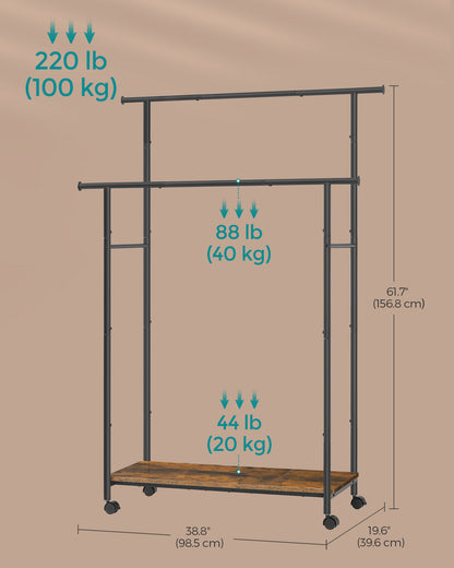 Garment Rack on Wheels, 38.8 Inch Double-Rod Rack for Clothes Hanging, with Shelf in Rustic Brown and Ink Black