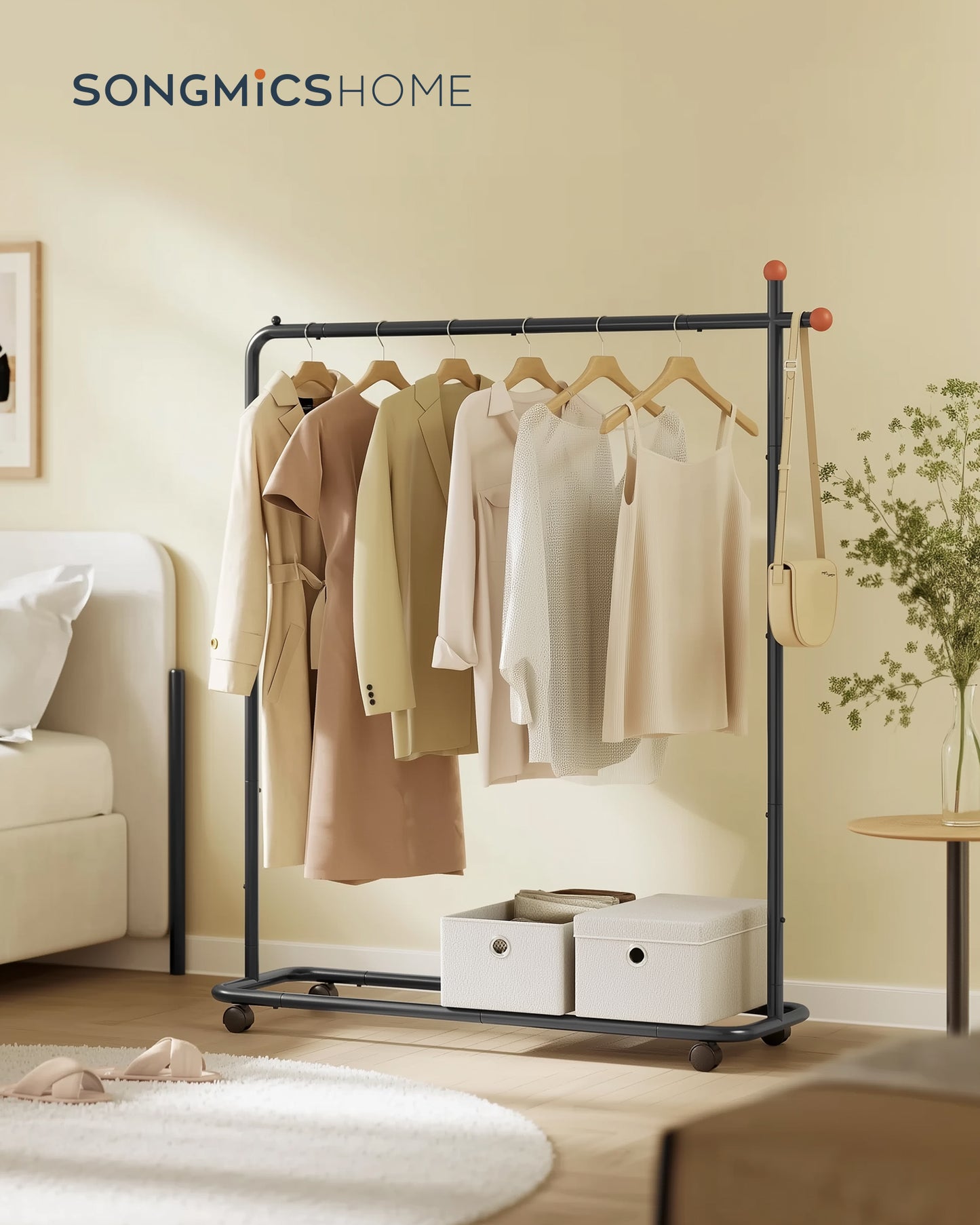 SONGMICS HOME Clothes Rack, Clothes Rail on Wheels, Portable Garment Rack, with 1 Clothes Hanging Rail, Matchstick-Shaped Hooks, Ink Black