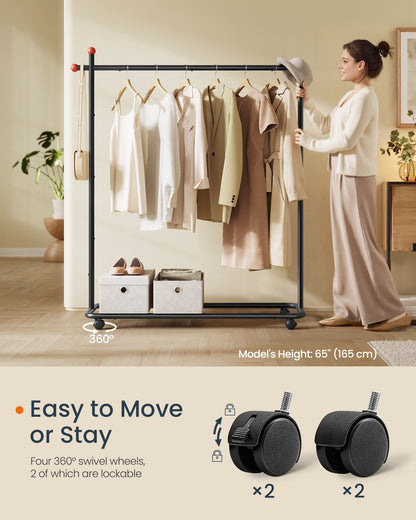 SONGMICS HOME Clothes Rack, Clothes Rail on Wheels, Portable Garment Rack, with 1 Clothes Hanging Rail, Matchstick-Shaped Hooks, Ink Black