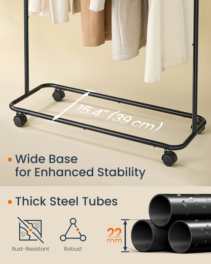 SONGMICS HOME Clothes Rack, Clothes Rail on Wheels, Portable Garment Rack, with 1 Clothes Hanging Rail, Matchstick-Shaped Hooks, Ink Black