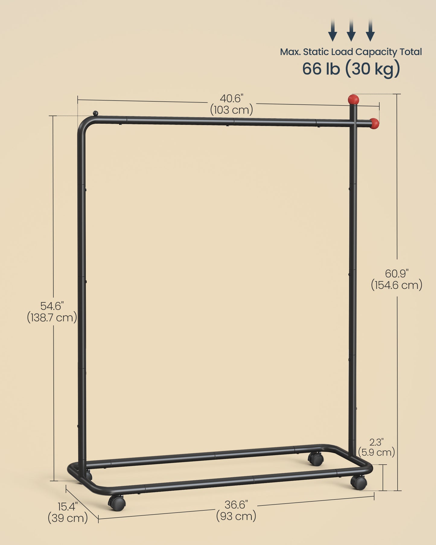 SONGMICS HOME Clothes Rack, Clothes Rail on Wheels, Portable Garment Rack, with 1 Clothes Hanging Rail, Matchstick-Shaped Hooks, Ink Black